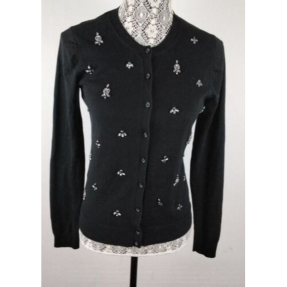 LOFT Women's Embellished Black Button-Front Cotton Long Sleeve Cardigan Sz XS - Picture 1 of 6